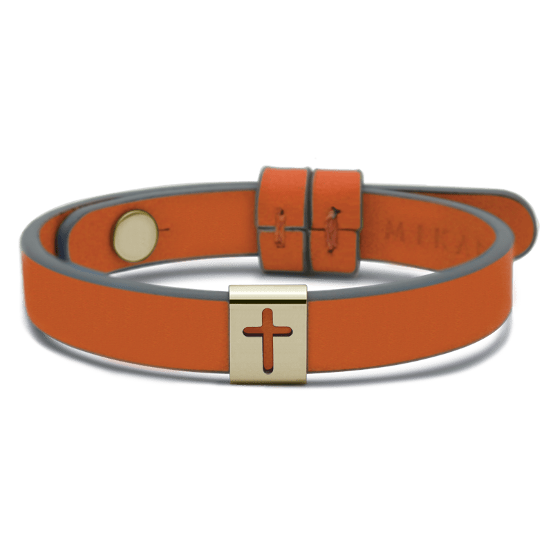 Bracelet HALLELUJAH or jaune sur cuir simple mandarine de la collection de bijoux pour enfants MIKADO. Bracelet HALLELUJAH or jaune sur cuir simple mandarine de la collection de bijoux pour enfants MIKADO.