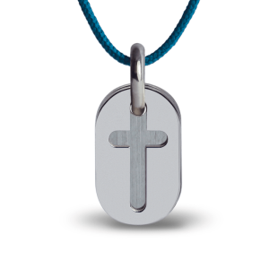 Pendentif croix de baptême AMEN en argent sur cordon de la collection de bijoux pour enfants MIKADO.