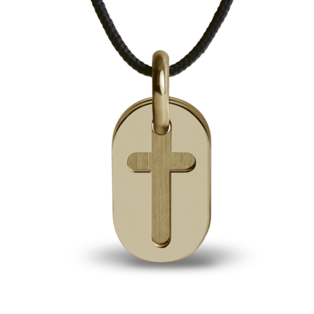 Pendentif croix de baptême AMEN or jaune sur cordon de la collection de bijoux pour enfants MIKADO.