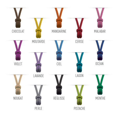 Nuancier des 15 couleurs de cordon waterproof de la collection de bijoux pour enfants MIKADO.