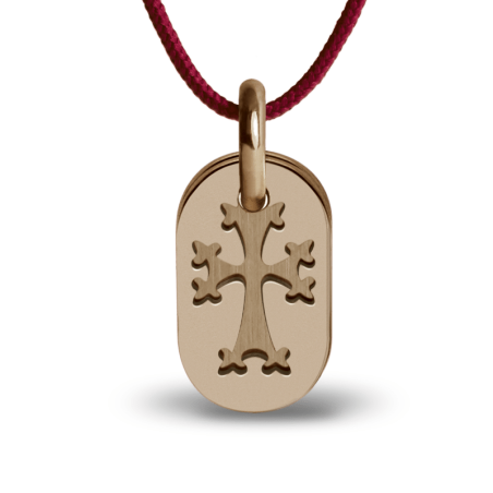 Pendentif croix arménienne de baptême KHACHKHAR en or rose sur cordon de la collection de bijoux pour enfants MIKADO.