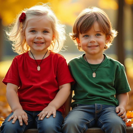Petite fille et petit garçon portant un pendentif SEX SYMBOL en or jaune.